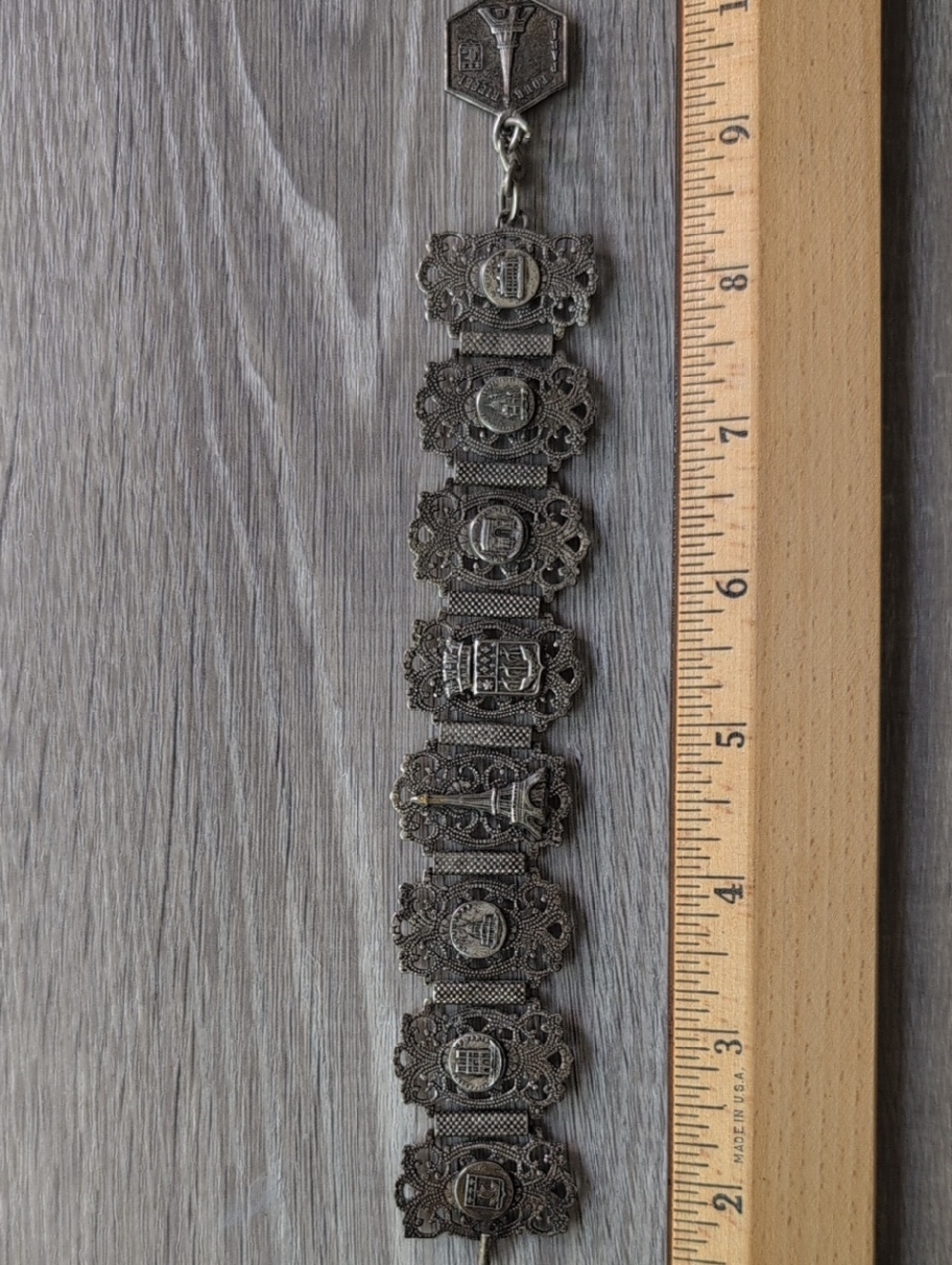 Antique-French Filigree Panel Charm Bracelet - Aged Silver - Picture 8 of 8